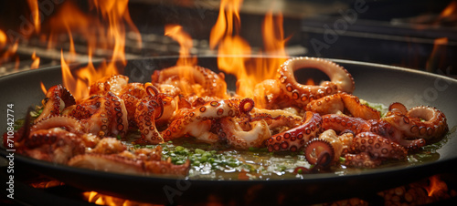 The octopus is cooked in the fire in a frying pan  generative AI