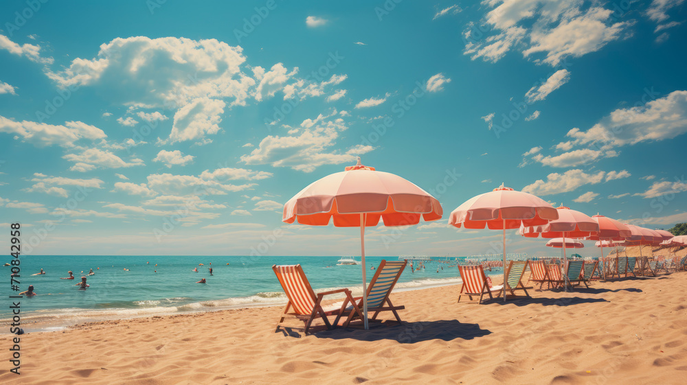 Vibrant Summer Escape: Colorful Beach Umbrellas and Joyful Vacation Scene on Sunny Coastline - Ideal for Travel and Holiday Promotions - AI Generated