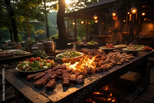 Outdoor barbecue with succulent meat and crispy potatoes., generative IA