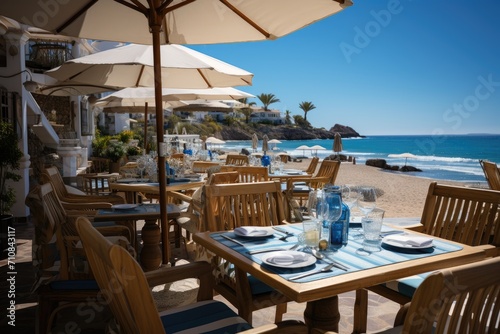 Beira-Mar restaurant  fresh seafood in colored dishes to the beach.  generative IA