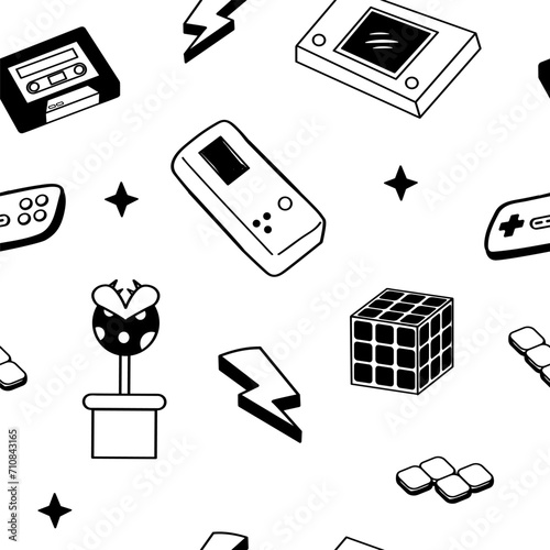 90s cute elements collection. Retro game seamless pattern in doodle style on white bacground.