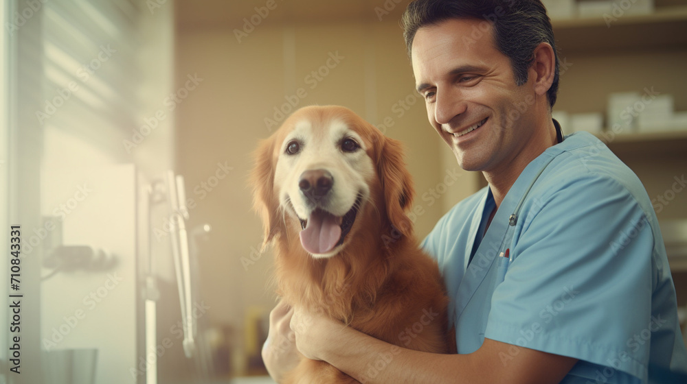 of a veterinarian with a stethoscope holding a cute puppy in a veterinary clinic