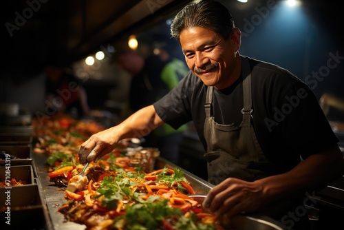 Chef preparing fresh tacos in lively street food tent with delicious side dishes.  generative IA