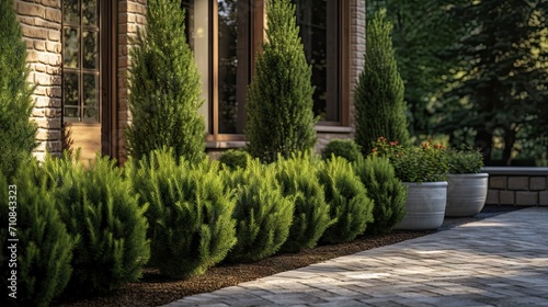 Green Oasis at Home: essence of a beautiful courtyard transformation with young thuja smaragd trees neatly planted in a row. © pvl0707