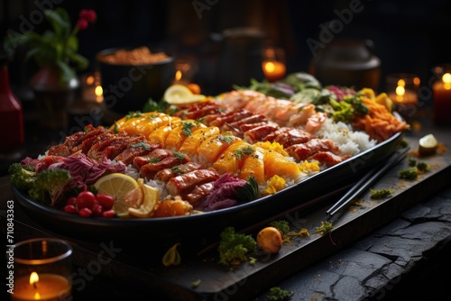 Global Banquet  Sushi  Curry and Kebab celebrate culinary diversity.  generative IA