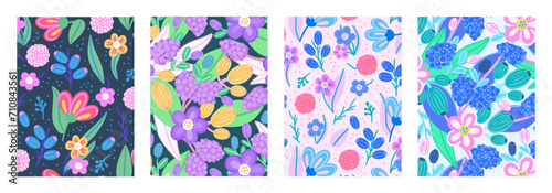 Set of cover templates with beautiful flowers. Colorful artistic backgrounds with floral decorations. Spring designs is for notebook, planner, diary, poster, card, book. Vector illustration