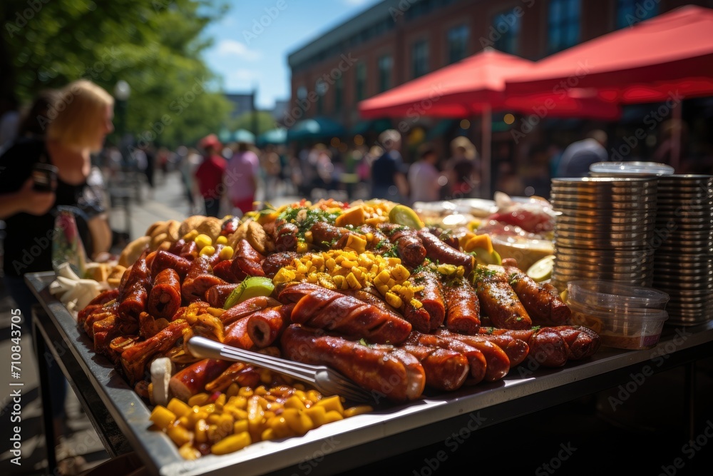 Street festival with gourmet hot dogs and vegetarian/vegan options., generative IA