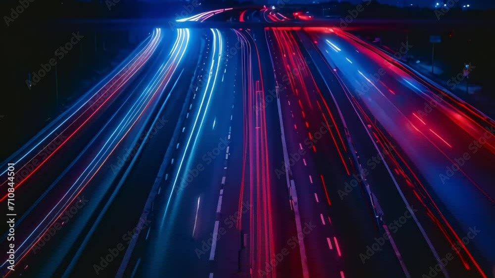 nighttime freeway on long exposure with blue-red police lights. Generative AI