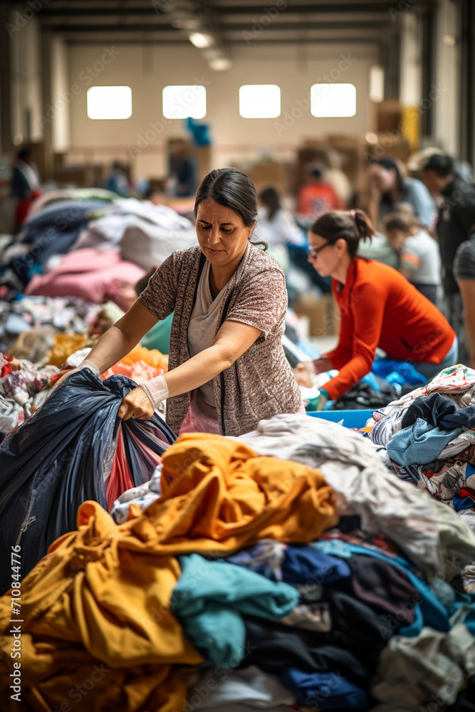 volunteers sort things in a warehouse to help the poor