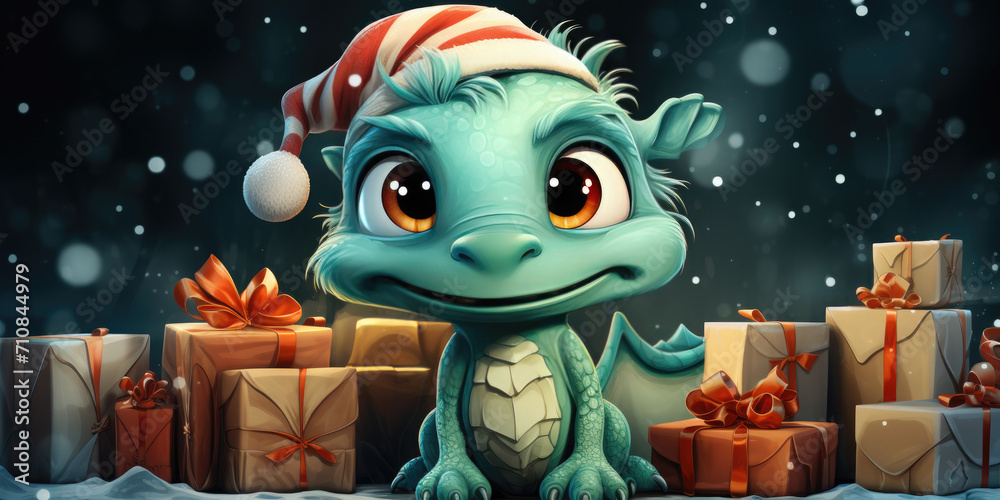Naklejka premium Cute green christmas dragon in santa hat in cartoon style with gift boxs .The dragon is the symbol of 2024. New Year holiday card. Happy New Year!