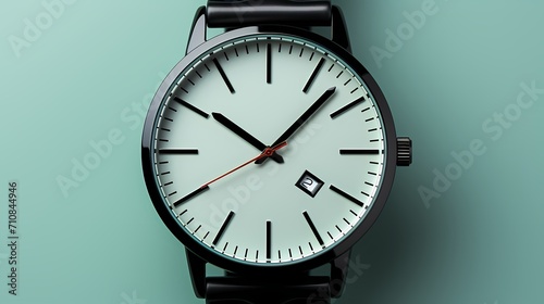 A minimalist black and white watch on a mint green surface