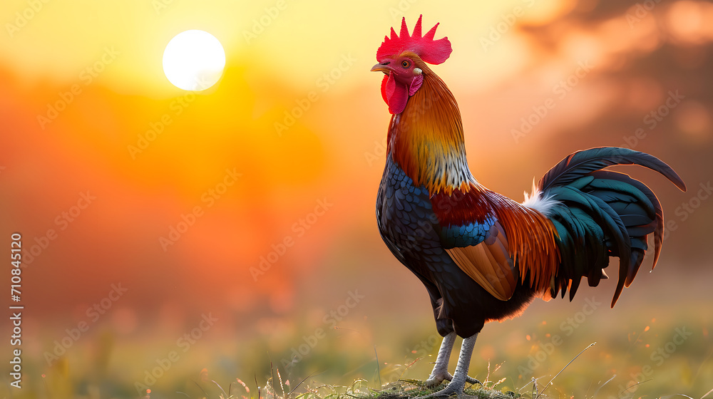a proud rooster crowing at dawn, signaling the start of a new day in the countryside