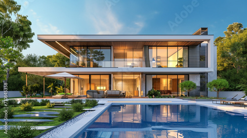 modern cozy house with pool and parking for sale or rent in luxurious style and beautiful landscaping on background. Clear sunny summer evening with blue sky