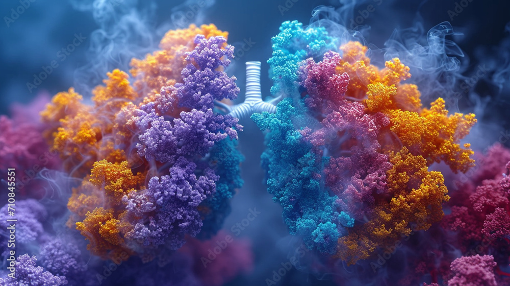 Naklejka premium A visually striking 3D rendering of the respiratory system, with vibrant colors delineating the various components, offering an immersive and detailed exploration of the anatomical