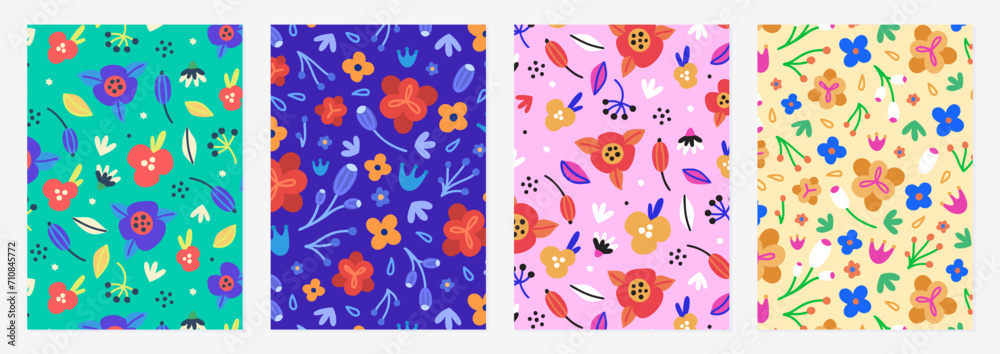 Set of cover templates with hand drawn simple flowers. Colorful artistic backgrounds with floral decorations. Spring designs is for notebook, planner, diary, poster, card, book. Vector illustration