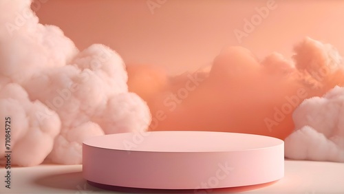 3d rendering of a pink podium on the background of a beautiful clouds scene. Illustration with copy space for mock up, display, showcase, backdrop, product placement © Matcha