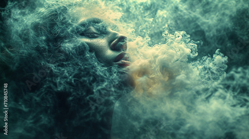 An artistically enhanced photograph of a person exhaling vapor, the visible breath creating a visually arresting portrayal of the respiratory system in action, bringing the science