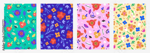 Set of cover templates with hand drawn simple flowers. Colorful artistic backgrounds with floral decorations. Spring designs is for notebook, planner, diary, poster, card, book. Vector illustration