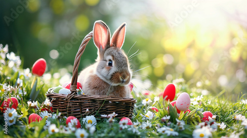 Cute Easter bunny with basket of eggs and spring flowers on nature background