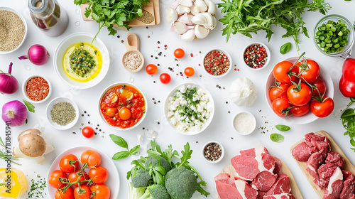 Ingredients for a diet menu in a light kitchen. Meat and fresh vegetables. Proper separate nutrition for weight loss. Counting calories. View from above