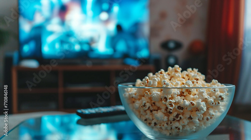 Popcorn in a glass bowl and remote control in front of the TV in a home interior. Watching TV shows and series, cable TV background