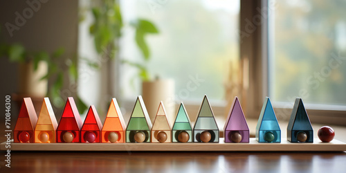 Colorful wooden Mentensorri toys on the table.They develop fine motor skills, imagination, and provide an understanding of the shapes, colors, sizes and other characteristics of objects. photo