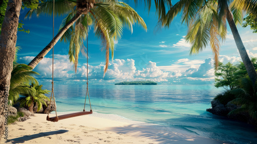 Swing on a tropical island against the backdrop of the ocean and sandy beach © dwoow