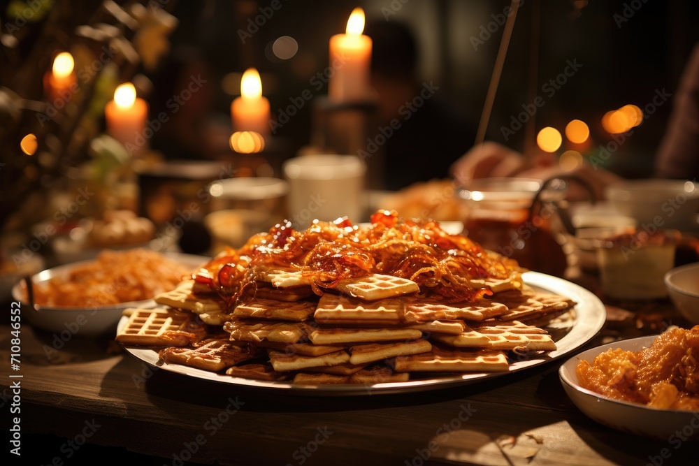 Autumn Festival with seasonal waffles amid colored leaves., generative IA Autumn Festival with seasonal waffles amid colored leaves., generative IA