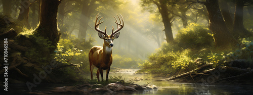 the deer stands in the forest near the river photo