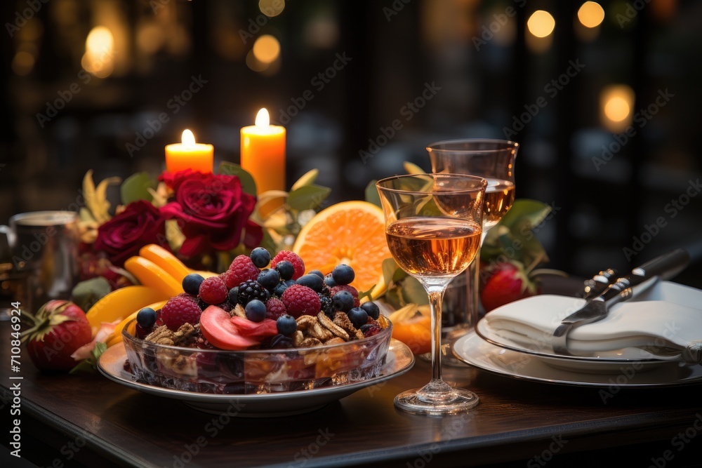 Elegant dinner, refined table, highlight for gourmet dessert., generative IA