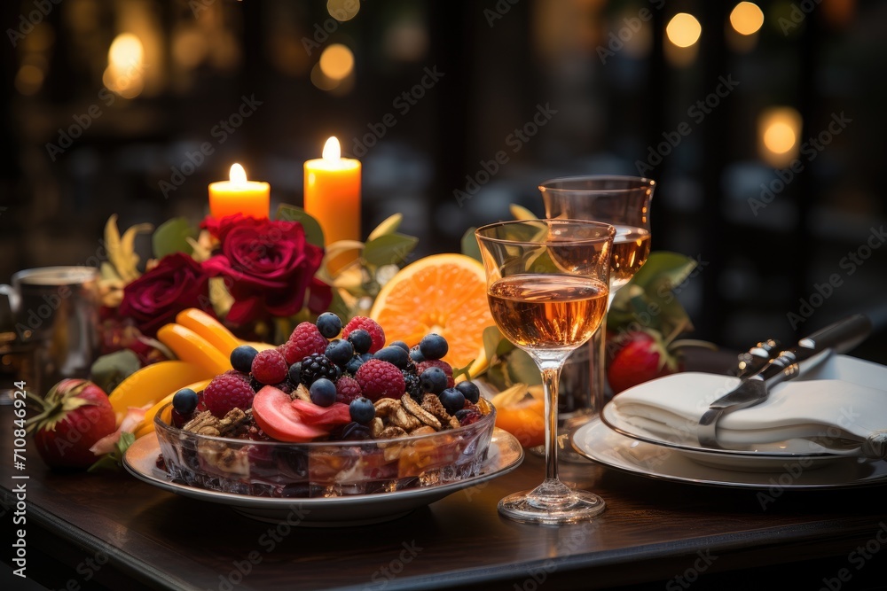 Elegant dinner, refined table, highlight for gourmet dessert., generative IA Elegant dinner, refined table, highlight for gourmet dessert., generative IA