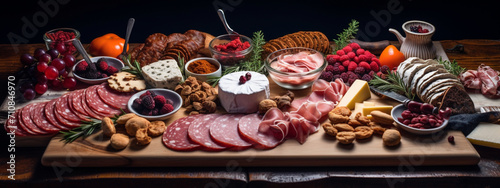 wooden boards, cold meat, various cheeses, fruit, bread, dip. A mix of different snacks snacks