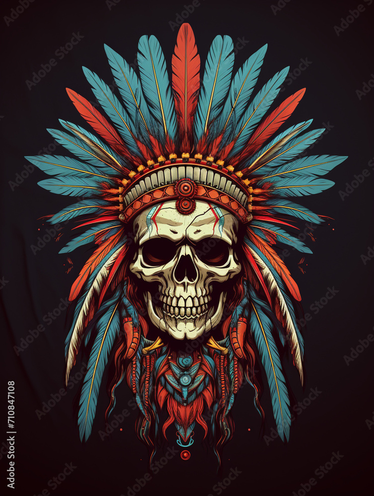 t-shirt design, a skull wearing an indian chieftain headdress, in the style of vibrant illustrations created with Generative Ai t-shirt design, a skull wearing an indian chieftain headdress, in the style of vibrant illustrations created with Generative Ai