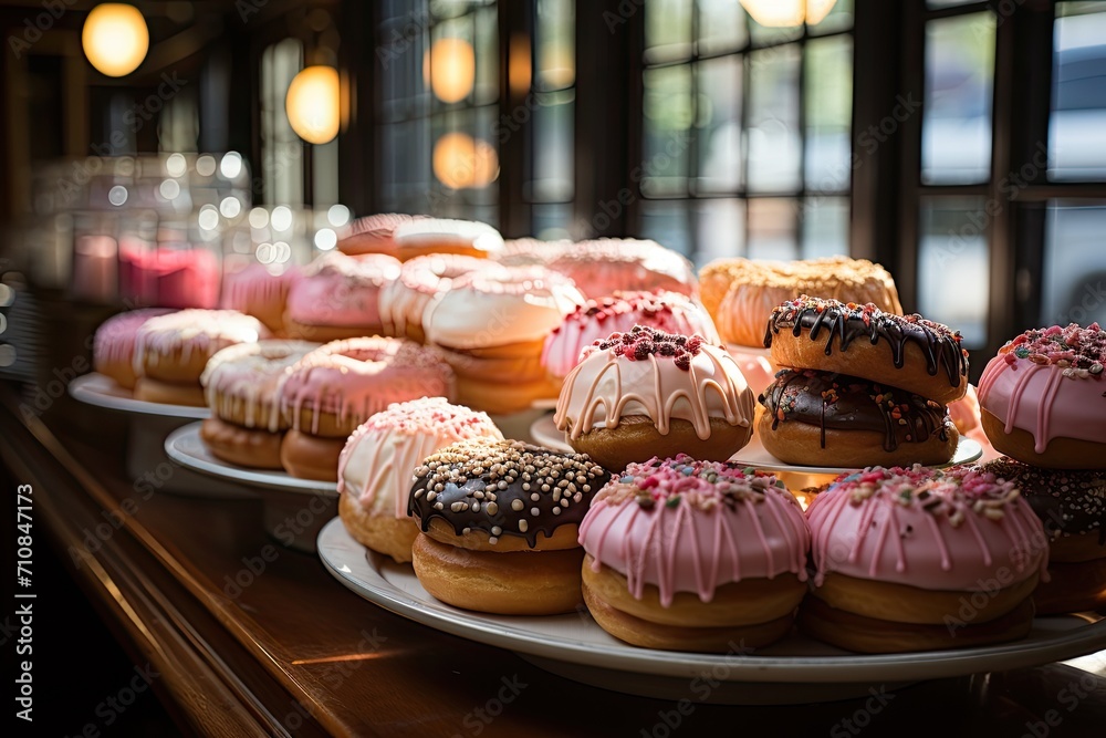 Magic showcase displays fresh and colorful donuts., generative IA