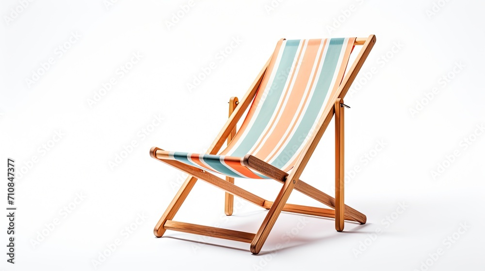 deck chair on sand, isolated against a white background. Embrace the beachside comfort and vacation iconography with this essential element of summer relaxation. deck chair on sand, isolated against a white background. Embrace the beachside comfort and vacation iconography with this essential element of summer relaxation.