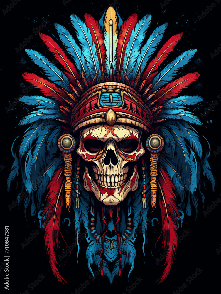 t-shirt design, a skull wearing an indian chieftain headdress, in the style of vibrant illustrations created with Generative Ai