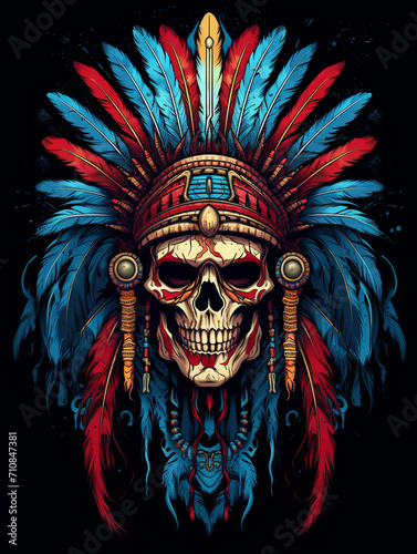 t-shirt design  a skull wearing an indian chieftain headdress  in the style of vibrant illustrations created with Generative Ai