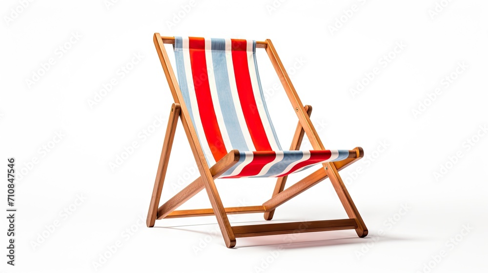 deck chair on sand, isolated against a white background. Embrace the beachside comfort and vacation iconography with this essential element of summer relaxation.