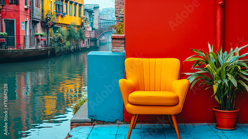 Gelber Sessel am roter Wand, an einem Kanal in Venedig.  © shokokoart