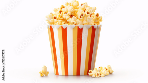 Tasty popcorn in striped bucket, isolated on white background