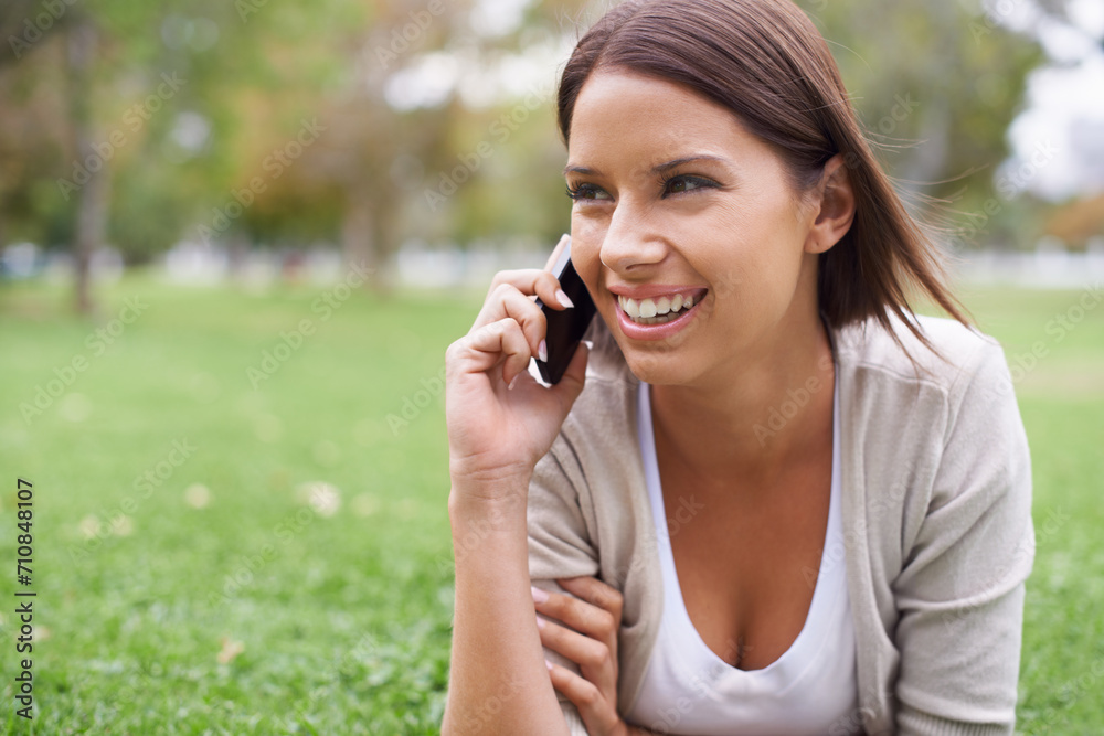 Woman, phone call and communication on grass for connection, conversation or advice. Female person, digital device and smile in nature or speaking chat for exciting news, information or discussion Woman, phone call and communication on grass for connection, conversation or advice. Female person, digital device and smile in nature or speaking chat for exciting news, information or discussion