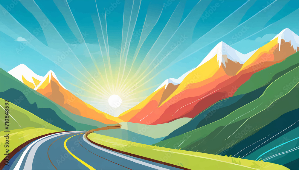 a winding roadway road mountain travel drive desert sunset driving exploring recreation holiday explore perspective illustration mountains landscape adventure scenic sky horizon direction route - obrazy, fototapety, plakaty 