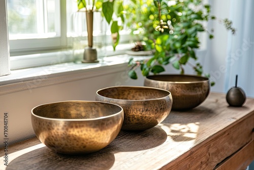 singing bowls sitting on a wooden table in the living room © Salander Studio