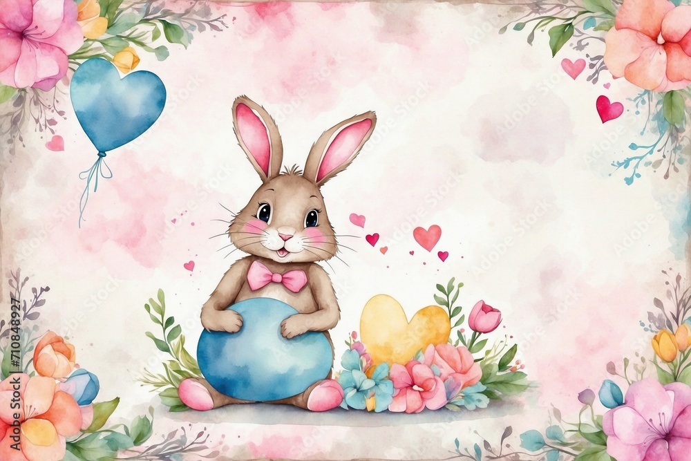 watercolor bunny and easter eggs in a floral wonderland, crafting delightful designs for invitations, cards, and congratulatory message