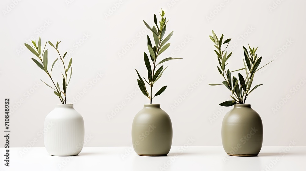 three small vases with olive branches against a white background, highlighting the modern minimalist style and interior decor. three small vases with olive branches against a white background, highlighting the modern minimalist style and interior decor.