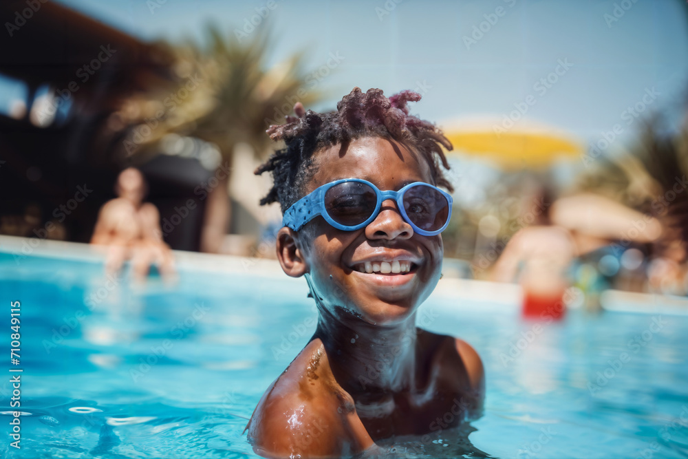 Boy with Sunglasses Enjoying Pool Time. Generative AI