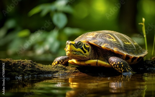 Serene Portrait of a Box Turtle Basking by the Water © Virginie Verglas
