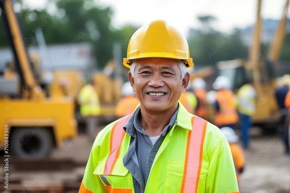 Smiling Construction Worker at a Busy Site Smiling Construction Worker at a Busy Site