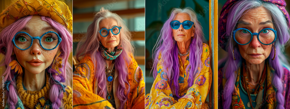 Illustration of a fashionable elderly woman in comic style. Long purple-pink hair and blue glasses. Boho style clothes in olive and yellow tones. Intricate details that capture the beautiful morning 