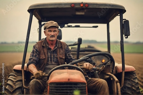 man driving his golf cart on a fairway. A farmer driving a tractor in a field. tractor in a field